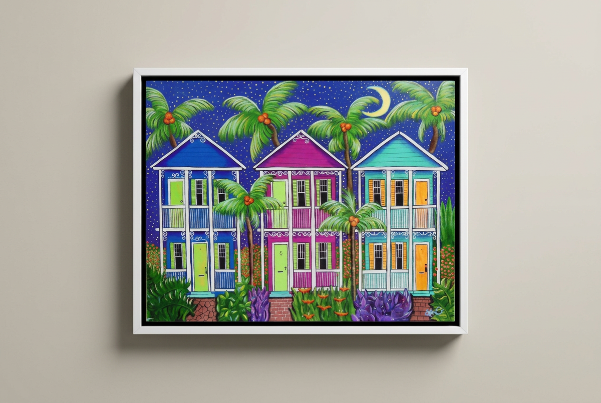 Conch House Row in a white frame on a greige background
