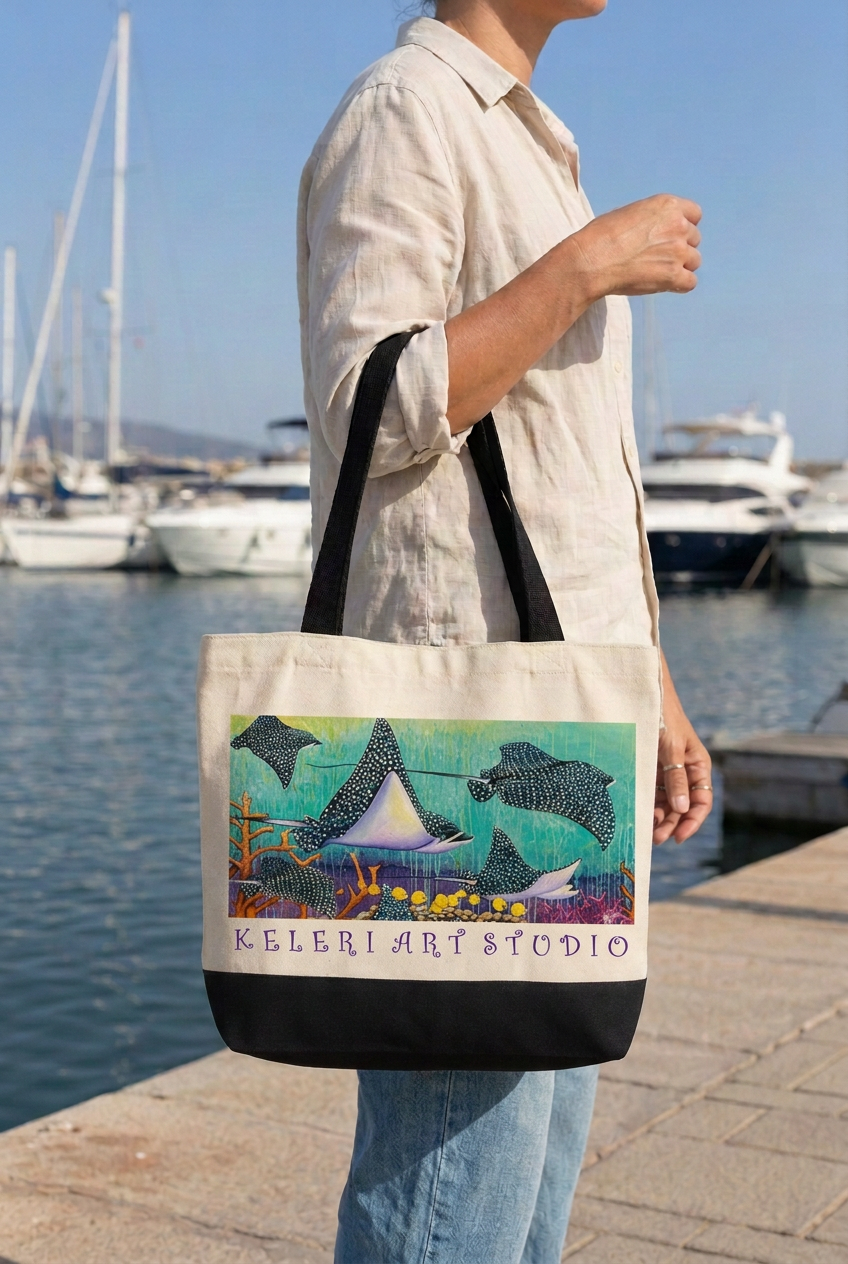 Eagle Ray tote with artwork scaled to the original product reference