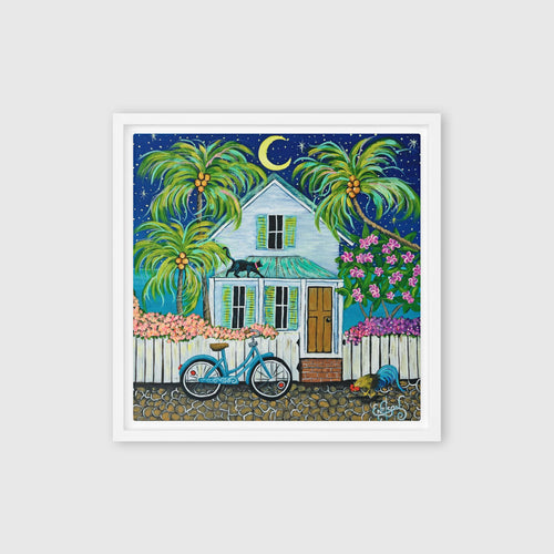 Cat on a Tin Roof – framed canvas print in white frame, coastal artwork by Keleri Art Studio