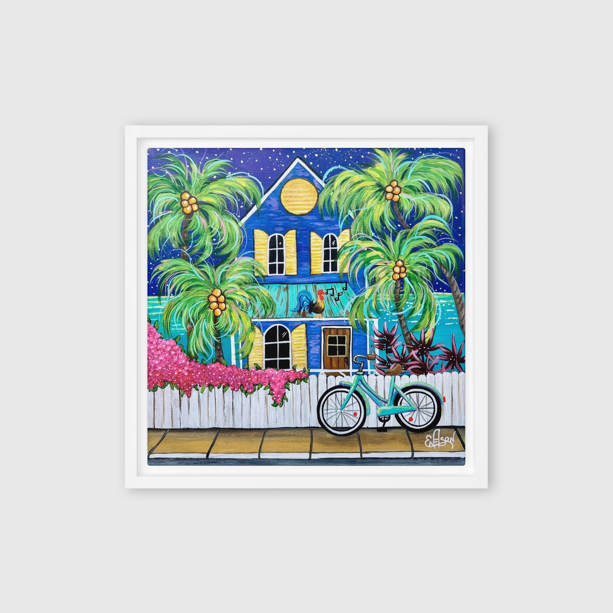 Conch House Blues – framed canvas print in white frame, coastal night scene artwork by Keleri Art Studio
