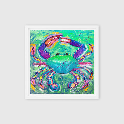 Crab Carousel – framed canvas print in white frame, colorful coastal crab artwork by Keleri Art Studio