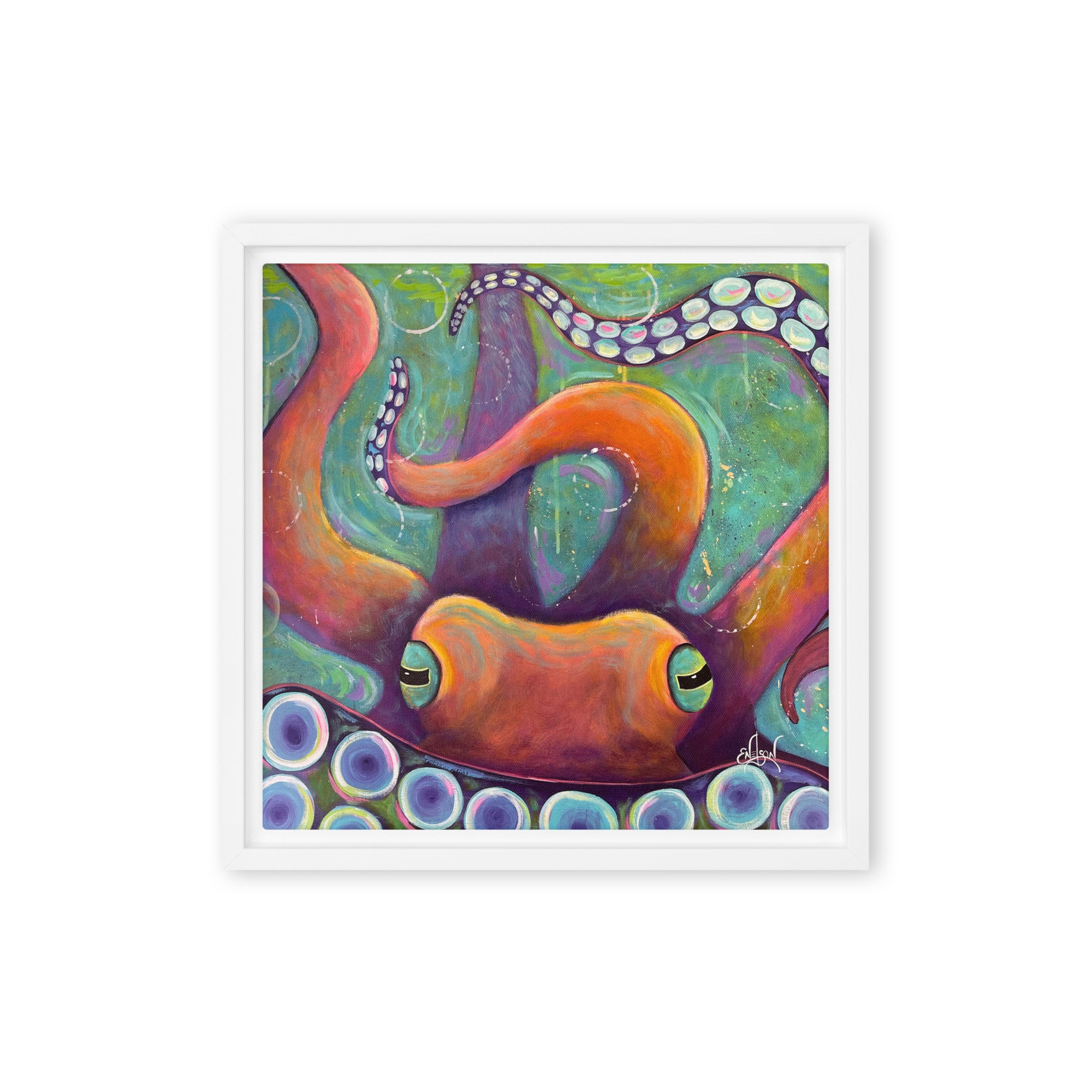 Octo – framed canvas print in white frame, vibrant psychedelic octopus artwork by Keleri Art Studio