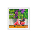 Rooster on a Pink Scooter – framed canvas print in white frame, Key West rooster on pink Vespa artwork by Keleri Art Studio