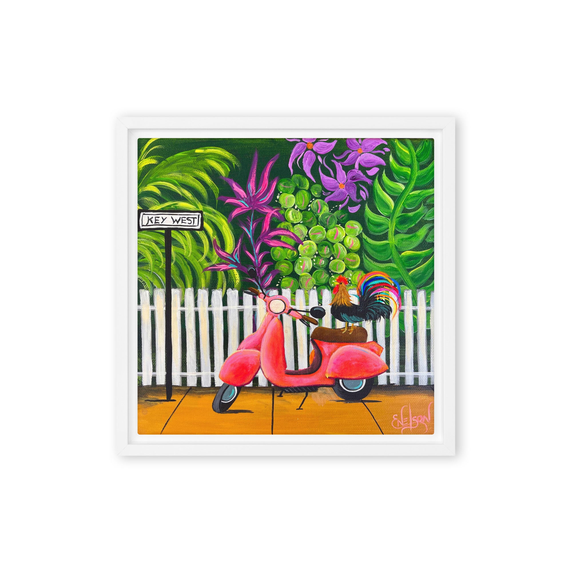 Rooster on a Pink Scooter – framed canvas print in white frame, Key West rooster on pink Vespa artwork by Keleri Art Studio