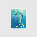 Gentle World – framed canvas print in white frame, manatee underwater artwork by Keleri Art Studio