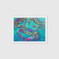 Crabs – framed canvas print in white frame, vibrant blue crab underwater artwork by Keleri Art Studio