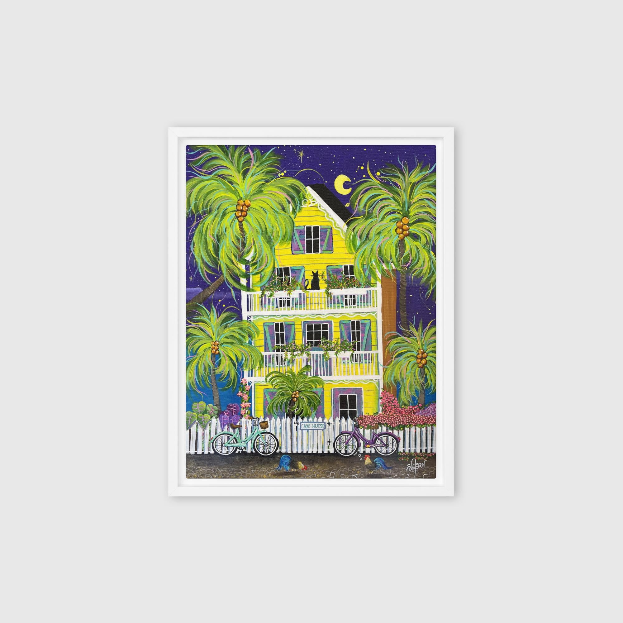 Cayo Hueso – framed canvas print in white frame, Key West night scene artwork by Keleri Art Studio