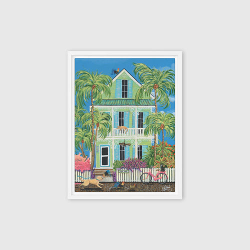 Casa Lima – framed canvas print in white frame, Key West mint green conch house daytime scene by Keleri Art Studio