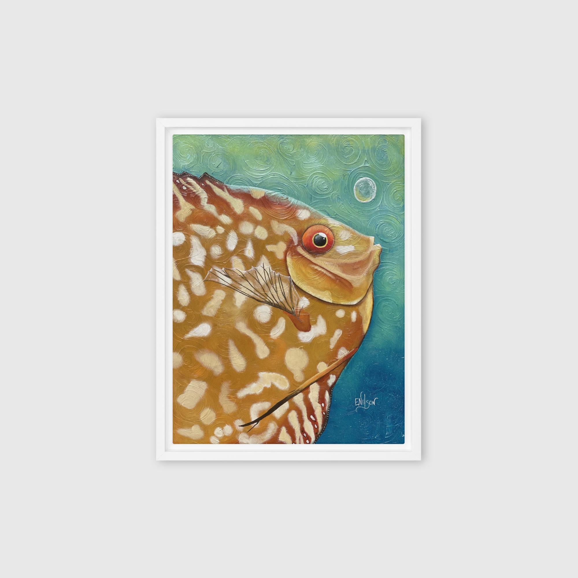 Fish Bubble – framed canvas print in white frame, spotted grouper fish portrait by Keleri Art Studio