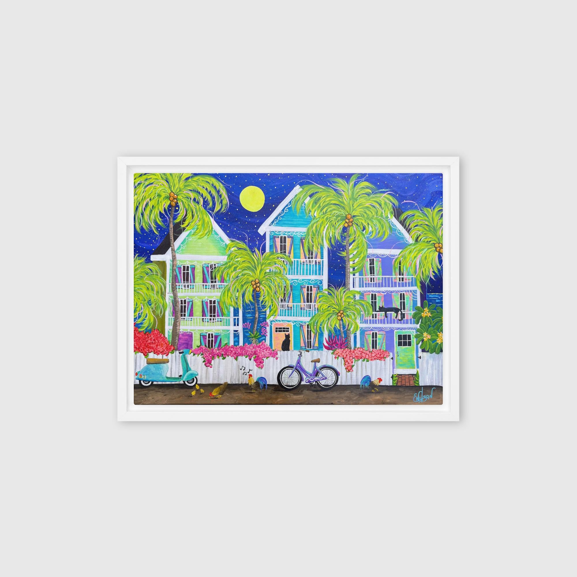 Island Night Song – framed canvas print in white frame, Key West Victorian conch houses moonlit night scene by Keleri Art Studio