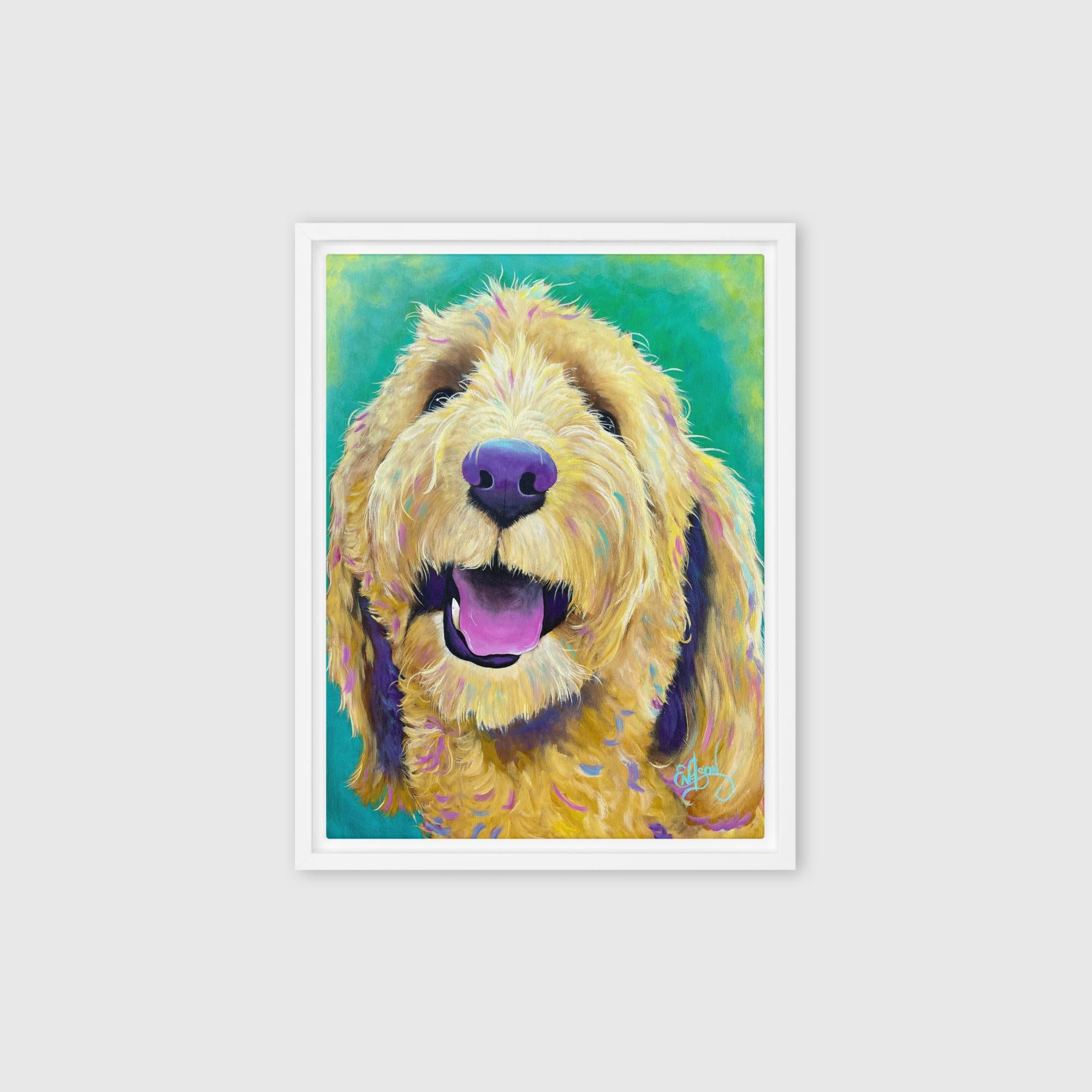 Happy Doodle – framed canvas print in white frame, golden doodle portrait artwork by Keleri Art Studio