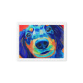 Rowdy Pup – framed canvas print in white frame, vibrant colorful dog portrait artwork by Keleri Art Studio