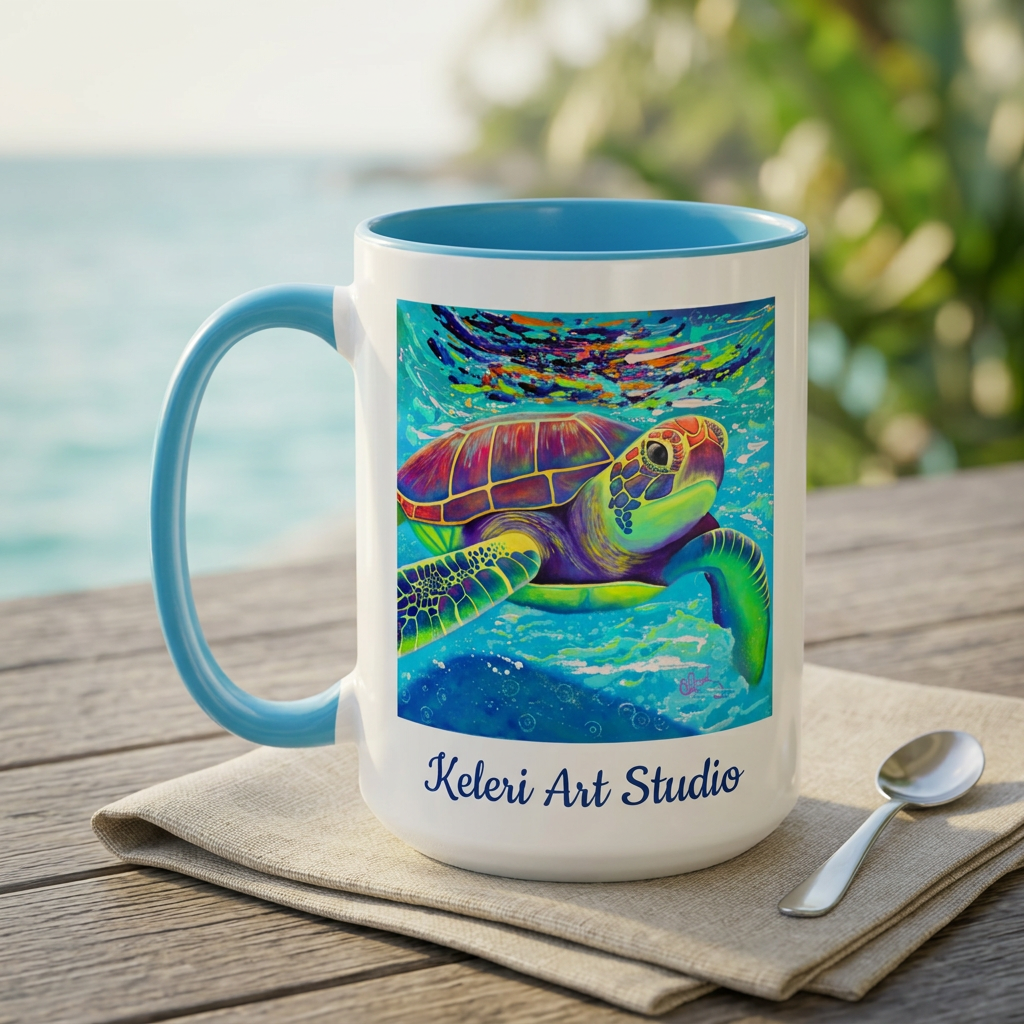Vivid Voyager sea turtle art mug on a coastal porch table
