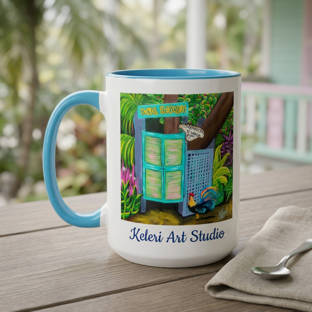 Blue Heaven art mug on a coastal porch table
