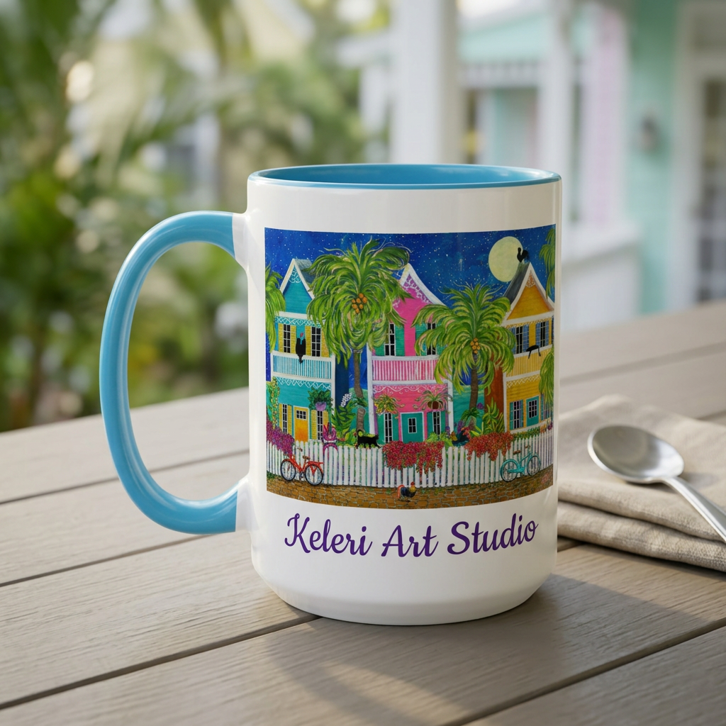 Caroline Street art mug on a coastal porch table