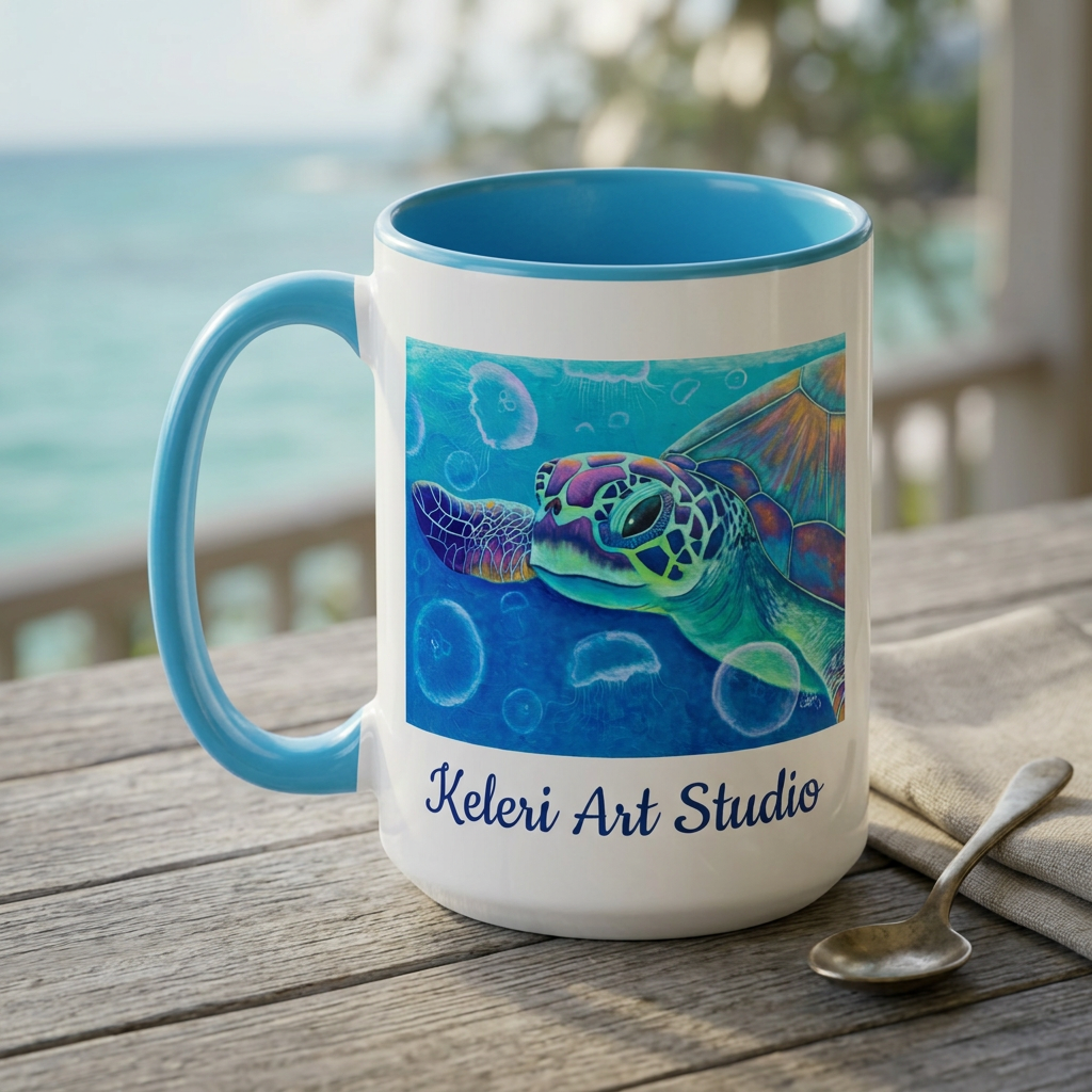 Turtle art mug on a coastal porch table