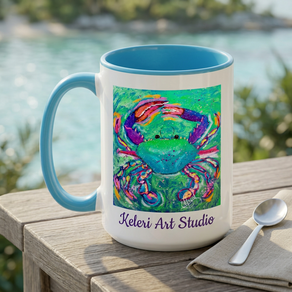 Crab Carousel art mug on a coastal porch table