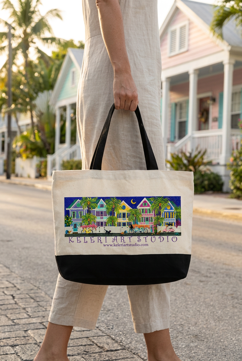 Moonlit Madness tote on an island village street