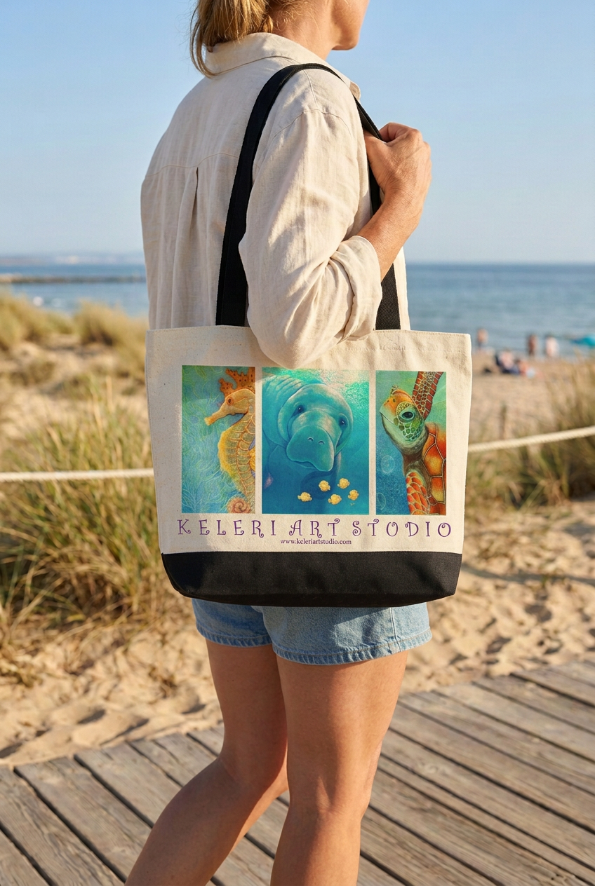 Smaller Seahorse Manatee Seaturtle tote mockup