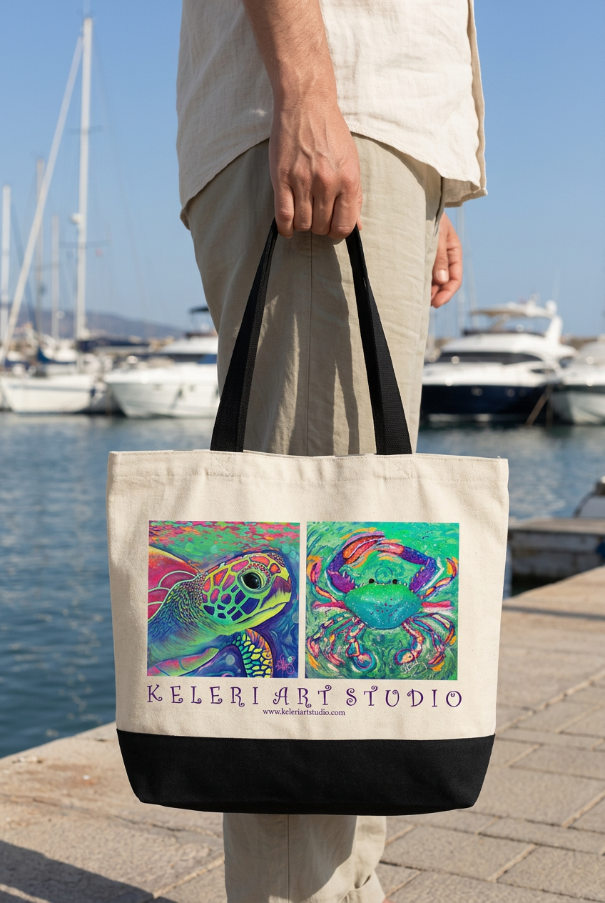 Turtle and Crab tote at a marina
